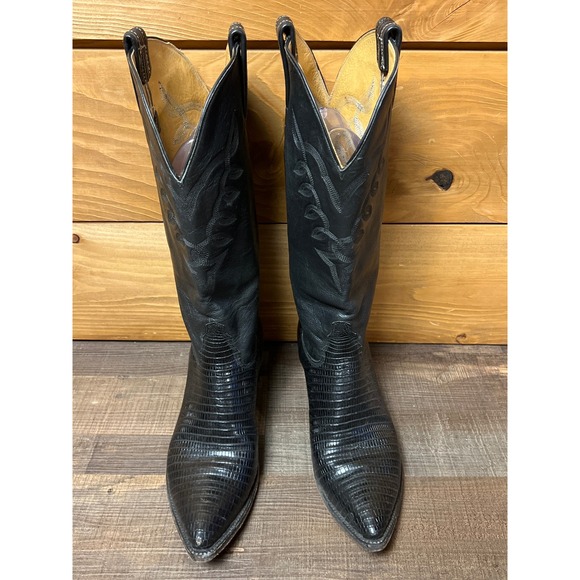 Vintage Lizard Print Western Cowboy Boots Black Leather Embroidered Details 9 - Picture 1 of 15